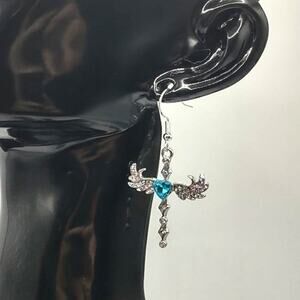 925 Silver Hooked Earrings w/ Cross Angel Wings Lab Topaz Pendants Gift Set NEW!